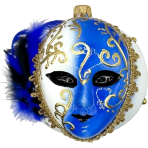 Ozdoba szklana Maska karnawałowa z piórami - niebiesko-złota