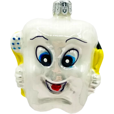 Bombka szklana Uśmiechnięty ząbek z pastą i szczoteczką - biały, żółty