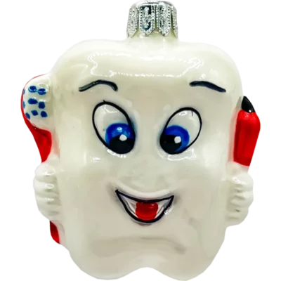 Bombka szklana Uśmiechnięty ząbek z pastą i szczoteczką - biały, czerwony