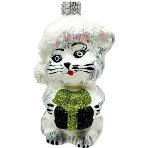 Bombka szklana Uroczy kotek z prezentem - biały