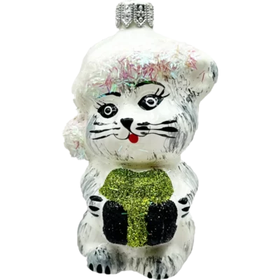 Bombka szklana Uroczy kotek z prezentem - biały
