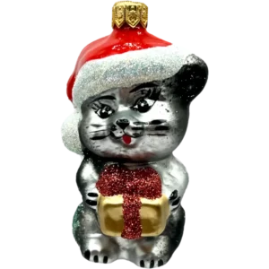 Bombka szklana Uroczy kotek w czapce Mikołaja - szary