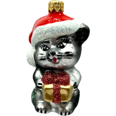 Bombka szklana Uroczy kotek w czapce Mikołaja - szary