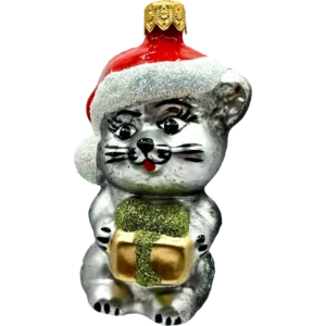 Bombka szklana Uroczy kotek w czapce Mikołaja - srebrny
