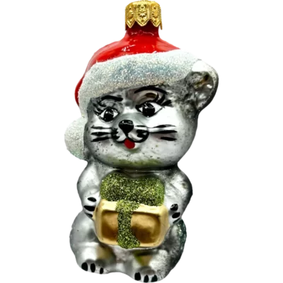 Bombka szklana Uroczy kotek w czapce Mikołaja - srebrny