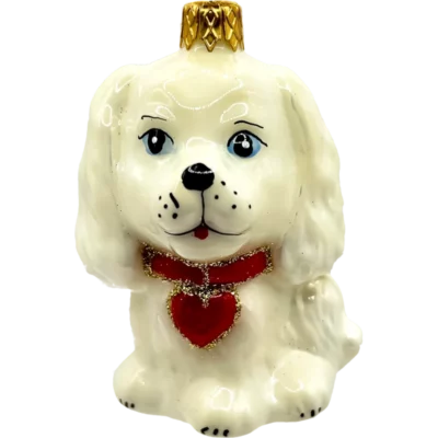 Bombka szklana Uroczy piesek z serduszkiem - beżowo-czerwony