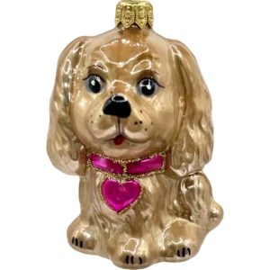 Bombka szklana Uroczy piesek z serduszkiem - brązowo-różowy