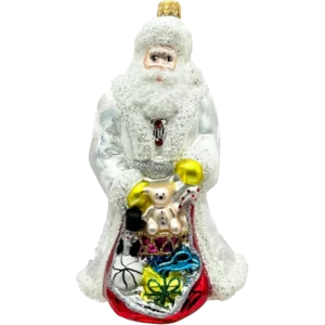 Bombka szklana Święty Mikołaj z workiem prezentów - biały