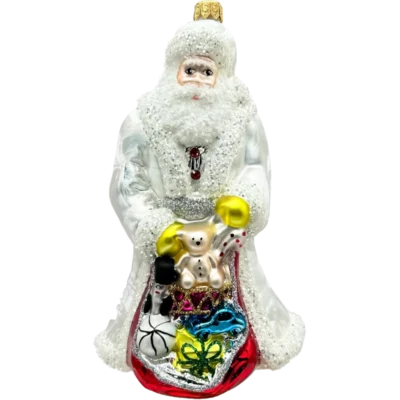 Bombka szklana Święty Mikołaj z workiem prezentów - biały