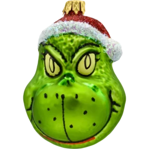 Szklana Bombka Choinkowa Figurka Zielony stwór Grinch w czapce Mikołaja bok