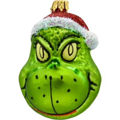 Szklana Bombka Choinkowa Figurka Zielony stwór Grinch w czapce Mikołaja bok