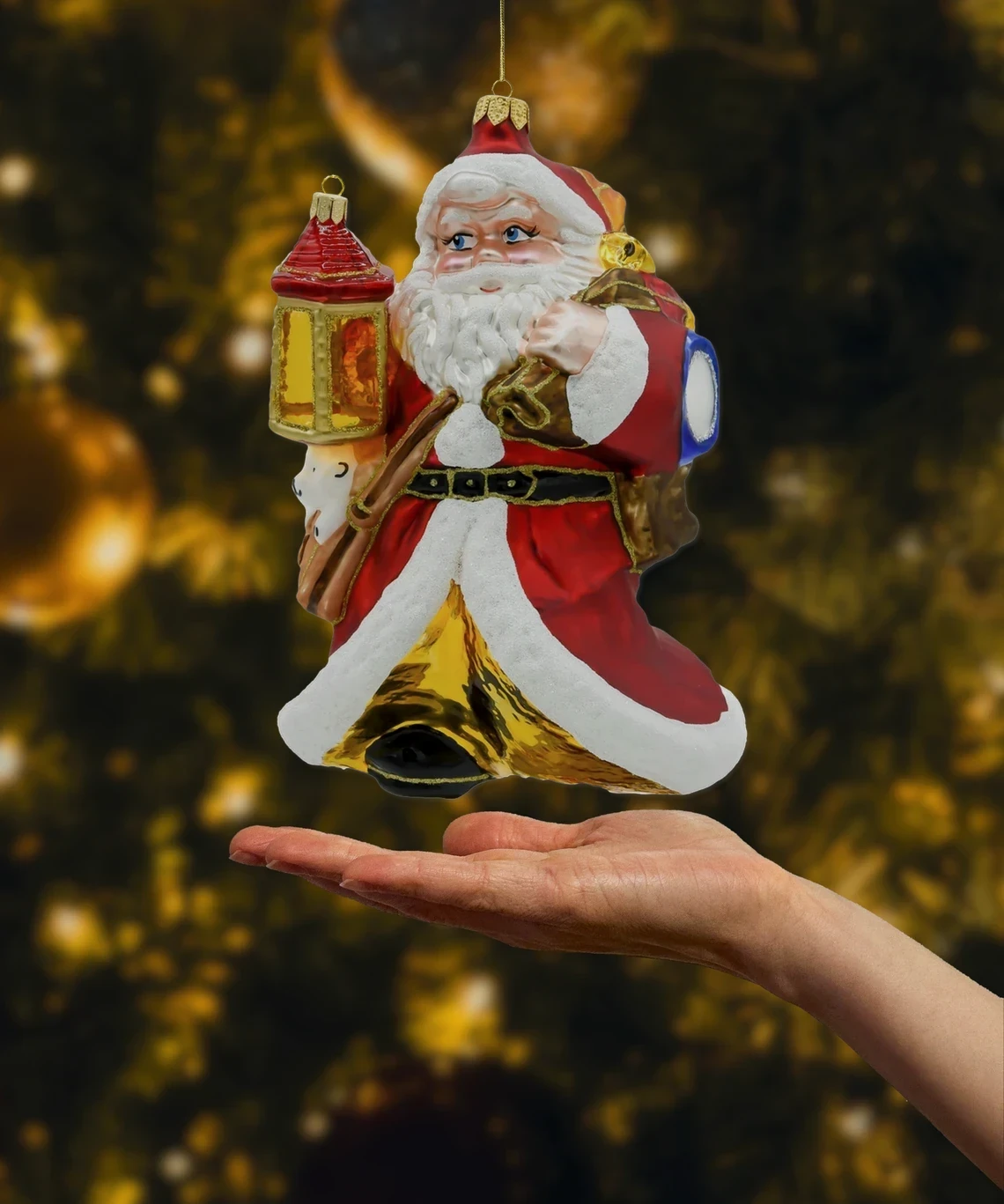Bombka szklana Święty Mikołaj z lampionem realne zdjęcie