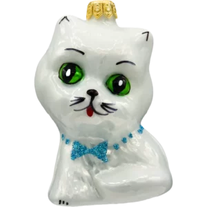 Szklana Bombka Choinkowa Figurka Słodki kotek z muchą: biały