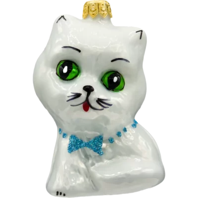 Szklana Bombka Choinkowa Figurka Słodki kotek z muchą: biały