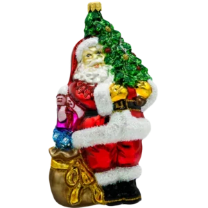 Szklana Bombka Choinkowa Figurka Święty Mikołaj z ciemnozieloną choinką