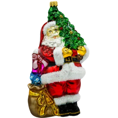 Szklana Bombka Choinkowa Figurka Święty Mikołaj z ciemnozieloną choinką