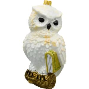 Szklana Bombka Choinkowa Figurka Sowa z księgą: biała