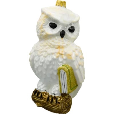 Szklana Bombka Choinkowa Figurka Sowa z księgą: biała