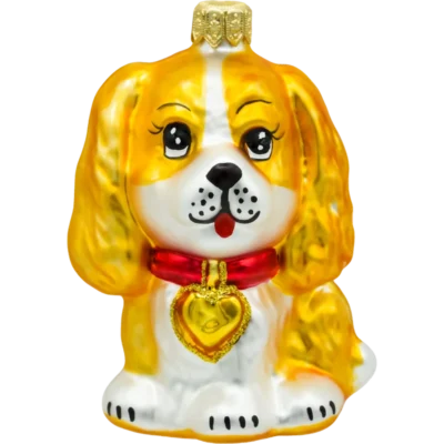 Bombka szklana Syn Bombkarza Piesek z kokardką: złoto-biały front