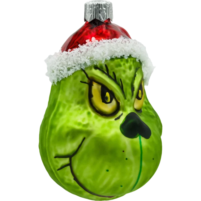 Bombka szklana Syn Bombkarza Zielony stwór Grinch w czapce Mikołaja bok
