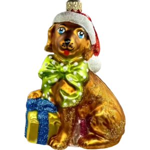 Bombka szklana Piesek z żółtym prezentem