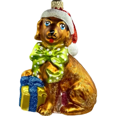 Bombka szklana Piesek z żółtym prezentem