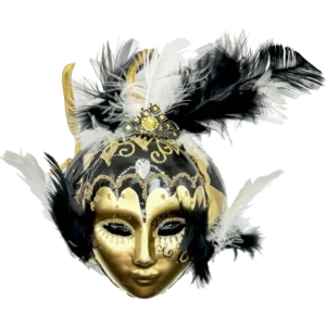 Ozdoba szklana Wenecka maska z piórami - czarno-złota