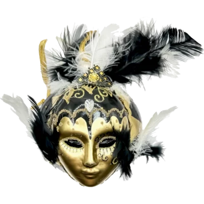 Ozdoba szklana Wenecka maska z piórami - czarno-złota