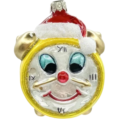 Bombka szklana Zegar z czapką Mikołaja - żółty