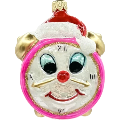 Bombka szklana Zegar z czapką Mikołaja - różowy