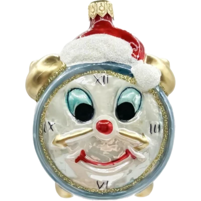 Bombka szklana Zegar z czapką Mikołaja - błękitny