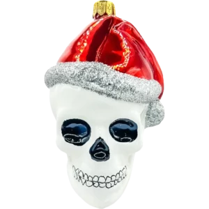 Bombka szklana Czaszka z czapką świętego Mikołaja - biała