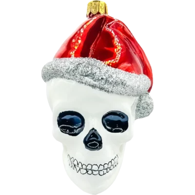 Bombka szklana Czaszka z czapką świętego Mikołaja - biała