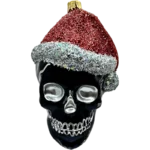 Bombka szklana Czaszka w czapce świętego Mikołaja - srebrna, brokatowa
