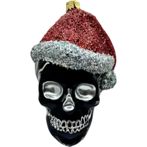 Bombka szklana Czaszka w czapce świętego Mikołaja - srebrna, brokatowa