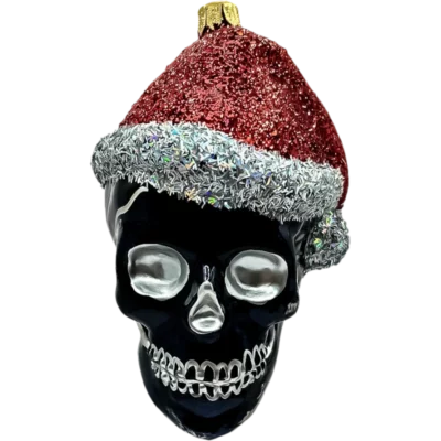 Bombka szklana Czaszka w czapce świętego Mikołaja - srebrna, brokatowa