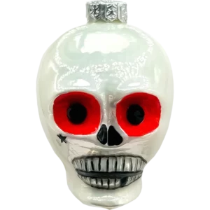 Bombka szklana Czasza z czerwonymi oczami - biała