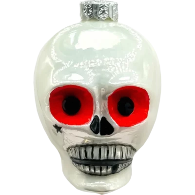 Bombka szklana Czasza z czerwonymi oczami - biała