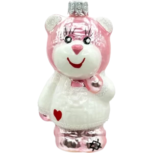 Bombka szklana Uroczy miś w białym sweterku - różowy