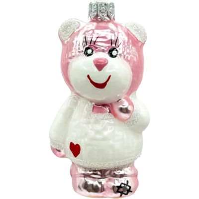 Bombka szklana Uroczy miś w białym sweterku - różowy