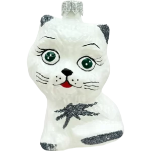 Bombka szklana Kot z zielonymi oczami - biały, brokatowy