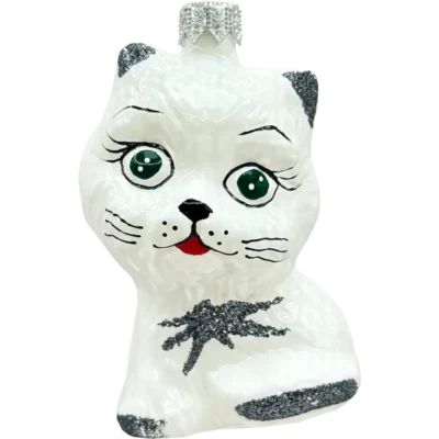 Bombka szklana Kot z zielonymi oczami - biały, brokatowy