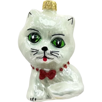 Bombka szklana Kot z czerwoną muchą - biały