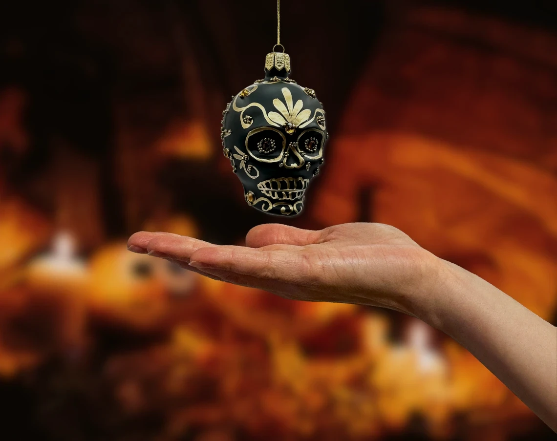 Bombka szklana figurka Czaszka w stylu Sugar Skull: złota realne zdjęcie