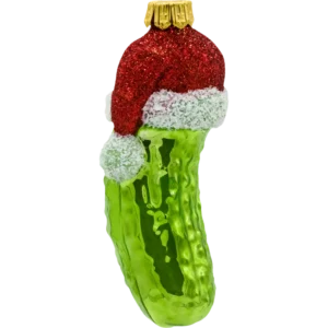 Bombka szklana figurka Ogórek z czapką Świętego Mikołaja bok