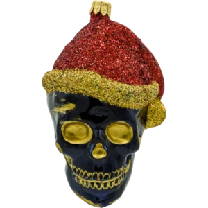 Bombka szklana Syn Bombkarza Czaszka w czapce świętego Mikołaja z złotymi akcentami front