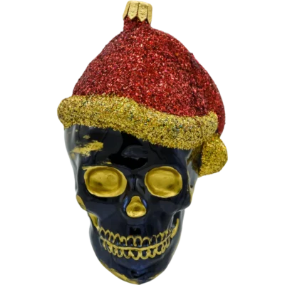 Bombka szklana Syn Bombkarza Czaszka w czapce świętego Mikołaja z złotymi akcentami front