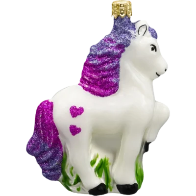 Bombka szklana Syn Bombkarza Konik z brokatową grzywą tył profil