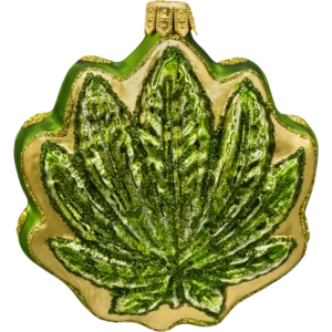 Szklana bombka choinkowa Zielony liść konopi z brokatem: złoty