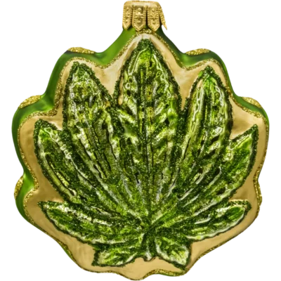 Szklana bombka choinkowa Zielony liść konopi z brokatem: złoty